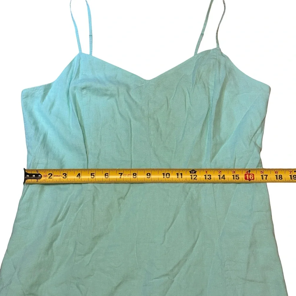 J.Crew Linen Blend Sunwashed Mint Midi Dress Size 14 Smocked Back Side Slit - Picture 9 of 15